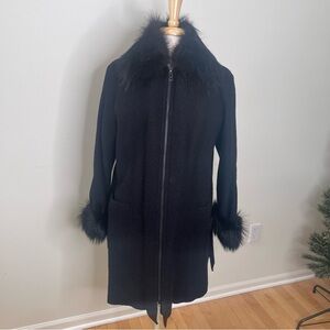 Timeless Black Boiled Wool Hillary Radley Coat with Natural Fur Collar/Cuffs US8